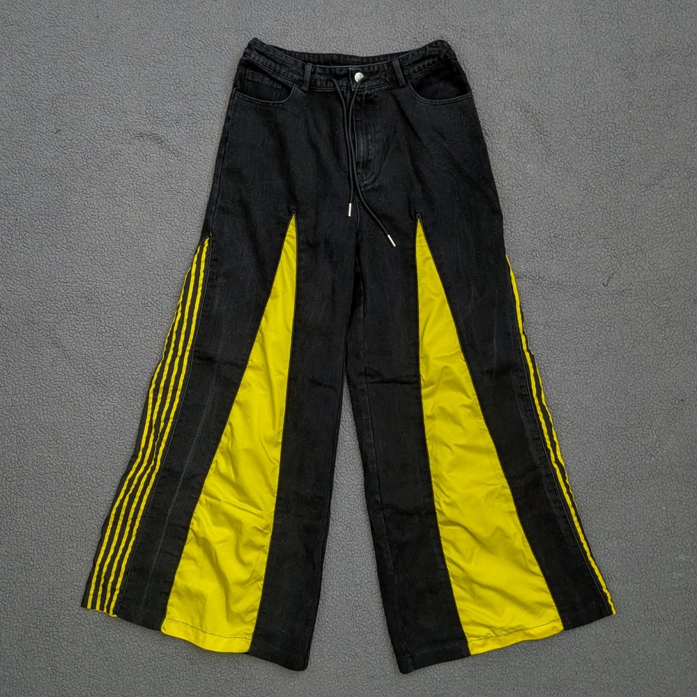 Akira Black Denim Wide Leg Pants Yellow Racing Stripe Drawstring Jeans Large